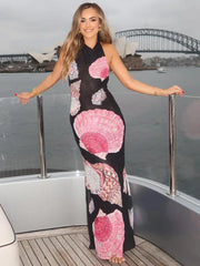 Backless Printed Patchwork Beach Holiday Long Dress