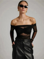 Mesh Off-shoulder Pleated Bust Strapless See Through Top