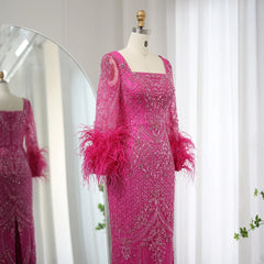 Fuchsia Feather Modest Long Sleeves Evening Gown