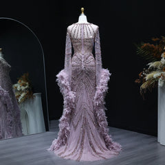 Beaded Mermaid Evening Dress with Feather Cape Sleeves