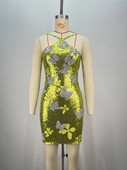 Sleeveless Mesh Sequins Butterfly Mini Dress