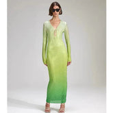 Green Gradient Midi Dress Shimmering Rhinestones & Bold Style