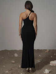 Black Mesh Patchwork One Shoulder Maxi Dress