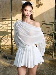 Skew Collar Lantern Sleeve Bowknot Mini Skirt Suit