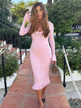 Knitted Ruffled Long Sleeve Button Maxi Dress