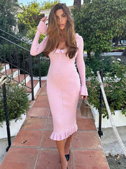 Knitted Ruffled Long Sleeve Button Maxi Dress