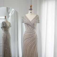 Silver Mermaid Evening Dress with Cap Sleeves