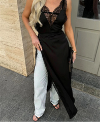 Lace Satin Patchwork High Split Maxi Dress