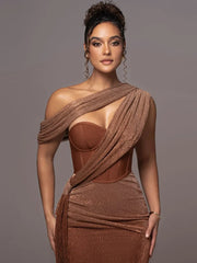 One Shoulder Draped Glitter Brown Maxi Dress