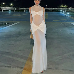 White See-Through Pleated Mesh Long Dress