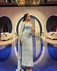 Coral Pink Evening Dress with Tassel Cape