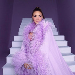 Feather Cloak Sleeves Open Back Prom Dress