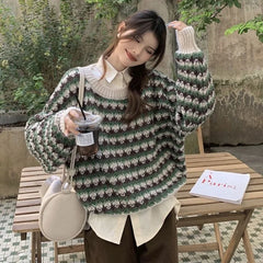 Plaid Long Sleeve Knitted Sweater