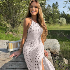 Hollow Out Knitted Top Lace Up Split Long Skirt Suit