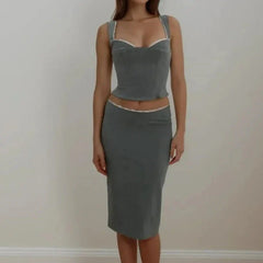 Spliced Lace Top Low Waist Midi Skirt Suits