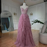 Pink Evening Gown Beaded Bodice and Layered Tulle Skirt
