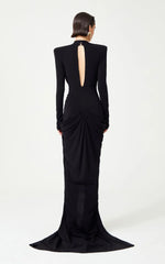 Deep V Neck Long Sleeves Black Maxi Dress Party Gown