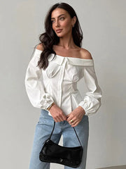 Off-Shoulder White Long Sleeved Blouse