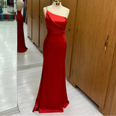 Red One Shoulder Mermaid Satin Party Dress Customized