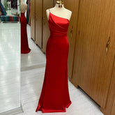 Red One Shoulder Mermaid Open Back Evening Dresses