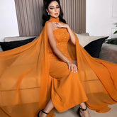 Orange Evening Dress with Cape Sleeves