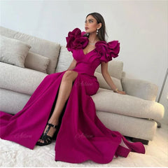 Ruffles Puffy Sleeves Satin Floor Length Prom Dress