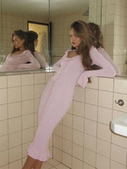 Knitted Ruffled Long Sleeve Button Maxi Dress