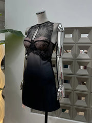 Black Lace Patchwork O Neck Mini Dress