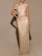 One Shoulder Exposed Waist Diamonds Long Dress