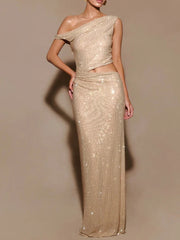 One Shoulder Exposed Waist Diamonds Long Dress