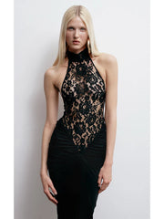 Halter Neck Lace Patchwork Black Maxi Dress