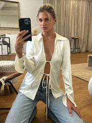 Satin Lace Up Long Sleeved Blouse