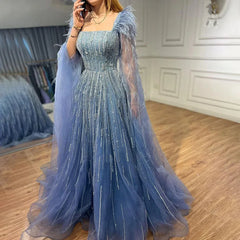Cape Sleeves Feathers Beaded Evening Dresses