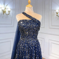 One-Shoulder Cape Sleeve A-Line Beaded Gown