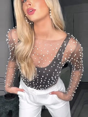 Long Sleeve Mesh Sheer Lace Pearls Top