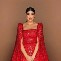 Crystal Beading Evening Dress with Cape Sleeve Customized