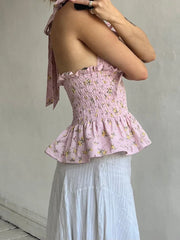 Floral Print/Swiss Dot Tie-Up Halter Backless Tops