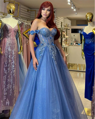 Grey-blue Glitter 3D Flowers Tulle Prom Dress