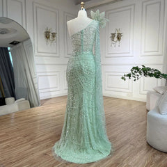 Pearl Embellished Sage Green Mermaid Evening Gown