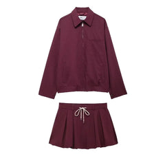 Zipper Lapel Burgundy Color Jacket and Skirt Suit