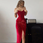 Backless Red Dress Strapless Sleeveless with Slit