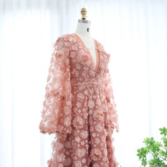 Blush Pink 3D Floral Evening Dress with Bell Sleeves