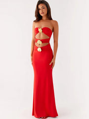 Metal Rose Hollow Out Off-shoulder Backless Long Dress