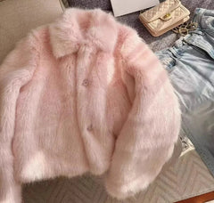 Pink Faux Fur Warm Furry Short Jacket Outerwear