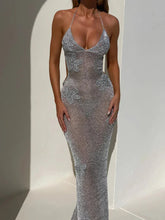 Glitter Sheer Halter Women Maxi Dress Gray Backless