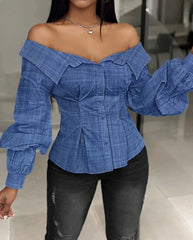 Lantern Sleeve Open Shoulder Top