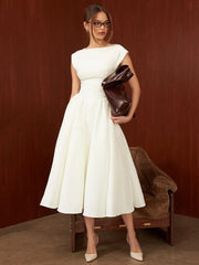 White Backless Solid Hollow Out Pleated Dress