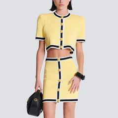 Yellow Short Cardigan and Mini Skirt Suit