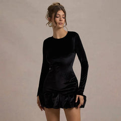 Velvet 3D Pleated Hem Long Sleeve Dress