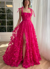 Flower Appliques Prom Dresses Tulle Side Split